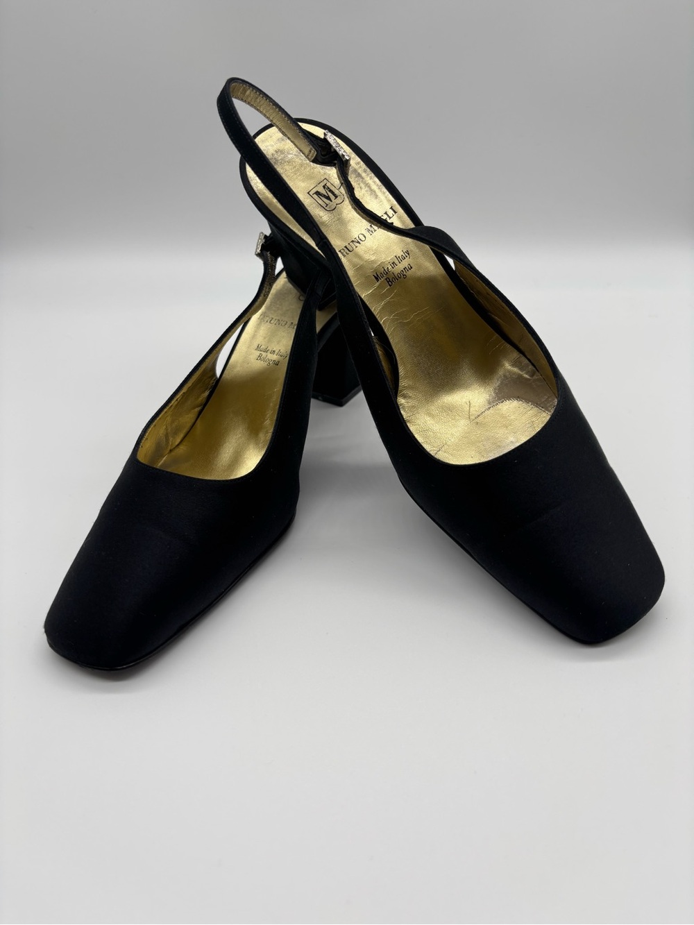 Bruno Magli Black Satin Slingback Block Heels